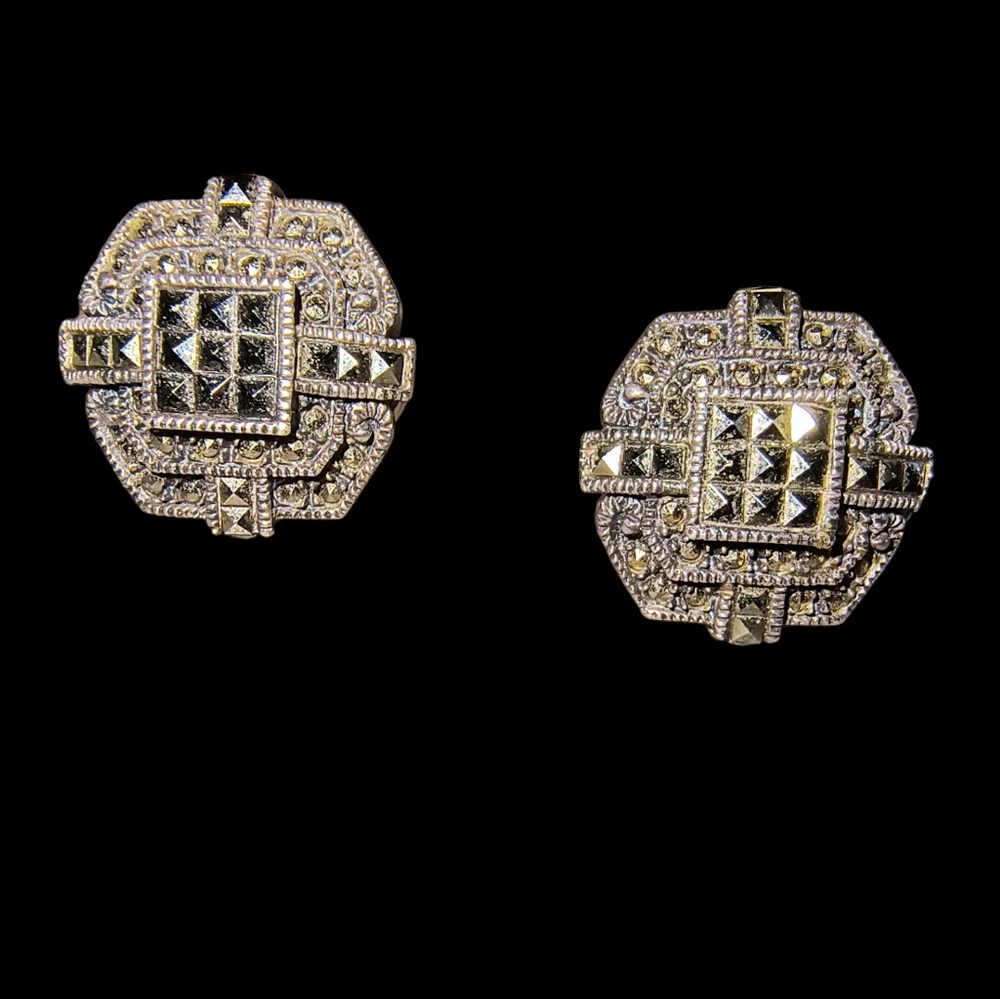 Judith Jack Signed Vintage Art Deco Marcasite & Sterling Silver Earrings